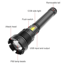 Load image into Gallery viewer, Long Style Micro USB Charging Outdoor Waterproof P90 + COB LED Flashlight, Support Power Display &amp; Telescopic Focusing &amp; 7-level Brightness Adjustment, P90