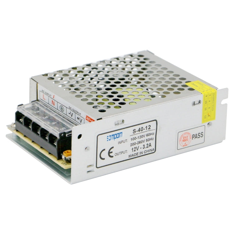 SOMPOM S-40-12 40W 12V 3.2A Iron Shell Driver LED Light Strip Lighting Monitor Power Supply, 40W 3.2A
