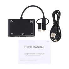 Load image into Gallery viewer, 3 in 1 8 Pin + Micro USB + Type-C to AV + HDMI + VGA 15 Pin HD Screen Player Adapter Converter with Audio