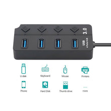 Load image into Gallery viewer, 4 Ports USB 3.0 Hi Speed Multi Hub Expansion with Switch for PC &amp; Laptop