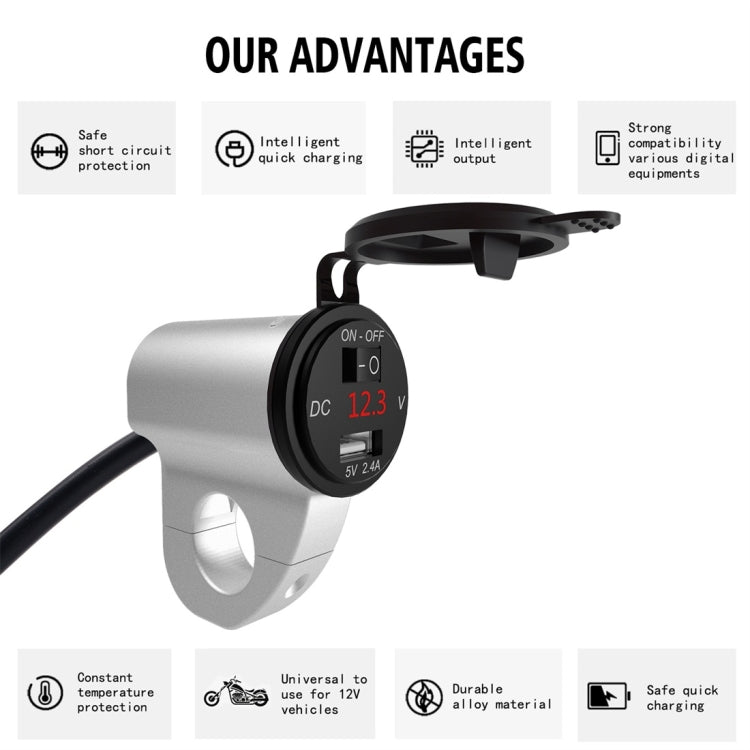 ZH-975A1 Motorcycle Aluminum Alloy Waterproof Mobile Phone Single USB Charger with Red Voltmeter, ZH-975B1, ZH-975A1