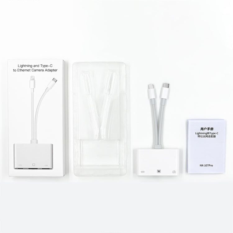 NK-107 Pro 3 in 1 USB-C / Type-C + 8 Pin Male to USB + RJ45 + 8 Pin Charging Female Interface Adapter