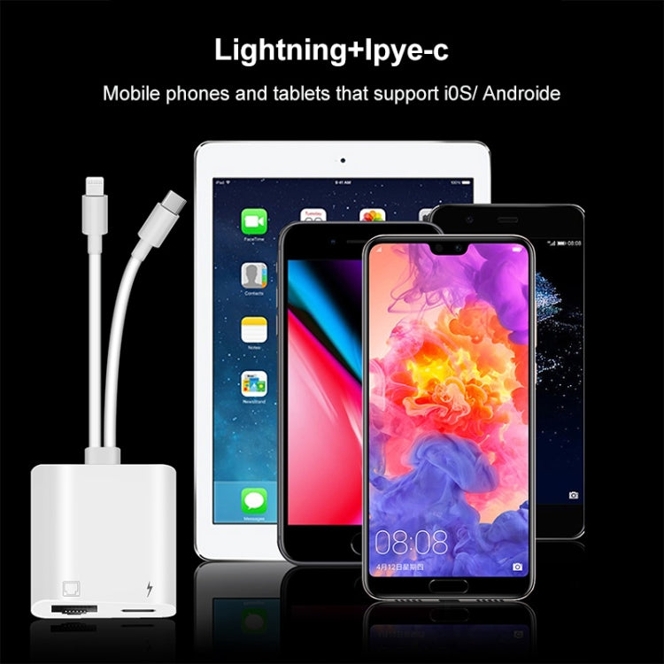 NK-1035 Pro 2 in 1 USB-C / Type-C + 8 Pin Male to RJ45 + 8 Pin Charging Female Interface Adapter