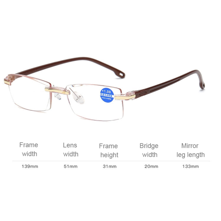 Rimless Anti Blue-ray Blue Film Lenses Presbyopic Glasses, +1.50D, +1.50D