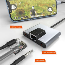 Load image into Gallery viewer, NK-1056 3 in 1 8 Pin Male to 8 Pin Charging + RJ45 Ethernet + 3.5mm Earphone Female Adapter
