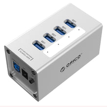 Load image into Gallery viewer, ORICO A3H4 Aluminum High Speed 4 Ports USB 3.0 HUB with 12V/2.5A Power Supply for Laptops, 4 Ports (Silver)
