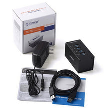 Load image into Gallery viewer, ORICO A3H4 Aluminum High Speed 4 Ports USB 3.0 HUB with 12V/2.5A Power Supply for Laptops, 4 Ports (Silver)