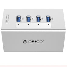 Load image into Gallery viewer, ORICO A3H4 Aluminum High Speed 4 Ports USB 3.0 HUB with 12V/2.5A Power Supply for Laptops, 4 Ports (Silver)