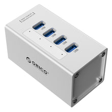 Load image into Gallery viewer, ORICO A3H4 Aluminum High Speed 4 Ports USB 3.0 HUB with 12V/2.5A Power Supply for Laptops, 4 Ports (Silver)