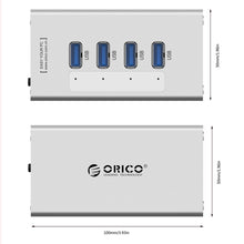 Load image into Gallery viewer, ORICO A3H4 Aluminum High Speed 4 Ports USB 3.0 HUB with 12V/2.5A Power Supply for Laptops, 4 Ports (Silver)
