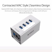 Load image into Gallery viewer, ORICO A3H4 Aluminum High Speed 4 Ports USB 3.0 HUB with 12V/2.5A Power Supply for Laptops, 4 Ports (Silver)
