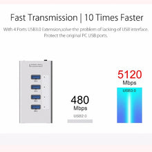Load image into Gallery viewer, ORICO A3H4 Aluminum High Speed 4 Ports USB 3.0 HUB with 12V/2.5A Power Supply for Laptops, 4 Ports (Silver)