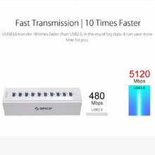 Load image into Gallery viewer, ORICO A3H10 Aluminum High Speed 10 Ports USB 3.0 HUB with Power Adapter for Laptops, 10 Ports (Silver), 10 Ports (Black)