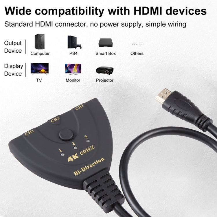 3 x 1 4K 60Hz HDMI Bi-Direction Switcher with Pigtail HDMI Cable, Bi-Direction