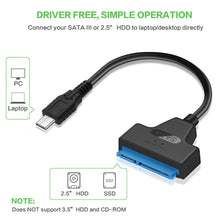 Load image into Gallery viewer, USB-C / Type-C 3.1 Male to SATA (15 Pin + 7 Pin) HDD Data Converter Cable, Length: 20cm, Type-C to SATA