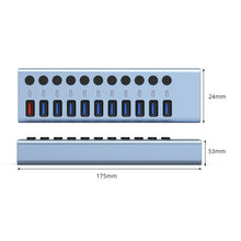 Load image into Gallery viewer, 11 in 1 USB 3.0 HUB Splitter with Independent Switch &amp; 12V 4A Power Supply, 11 USB 3.0