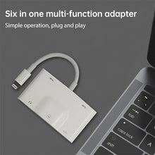 Load image into Gallery viewer, NK-1042 6 in 1 8 Pin Male to Dual USB + Dual SD Card + 3.5mm Audio Interface + 8 Pin Charging Interface Female Port Camera Adapter