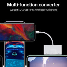 Load image into Gallery viewer, NK-1042 6 in 1 8 Pin Male to Dual USB + Dual SD Card + 3.5mm Audio Interface + 8 Pin Charging Interface Female Port Camera Adapter