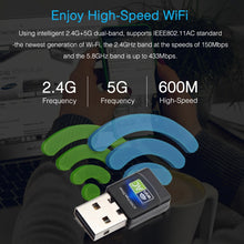 Load image into Gallery viewer, AC600Mbps 2.4GHz &amp; 5GHz Dual Band USB 2.0 WiFi Free Drive Adapter External Network Card, AC600Mbps