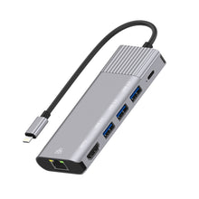 Load image into Gallery viewer, 79591 6 in 1 8 Pin to RJ45 + HDMI + 8 Pin Charging + 3 USB 2.0 Ports Multifunctional HUB Converter Docking Station, 79591