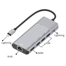 Load image into Gallery viewer, 79591 6 in 1 8 Pin to RJ45 + HDMI + 8 Pin Charging + 3 USB 2.0 Ports Multifunctional HUB Converter Docking Station, 79591