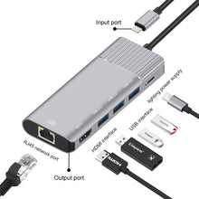 Load image into Gallery viewer, 79591 6 in 1 8 Pin to RJ45 + HDMI + 8 Pin Charging + 3 USB 2.0 Ports Multifunctional HUB Converter Docking Station, 79591