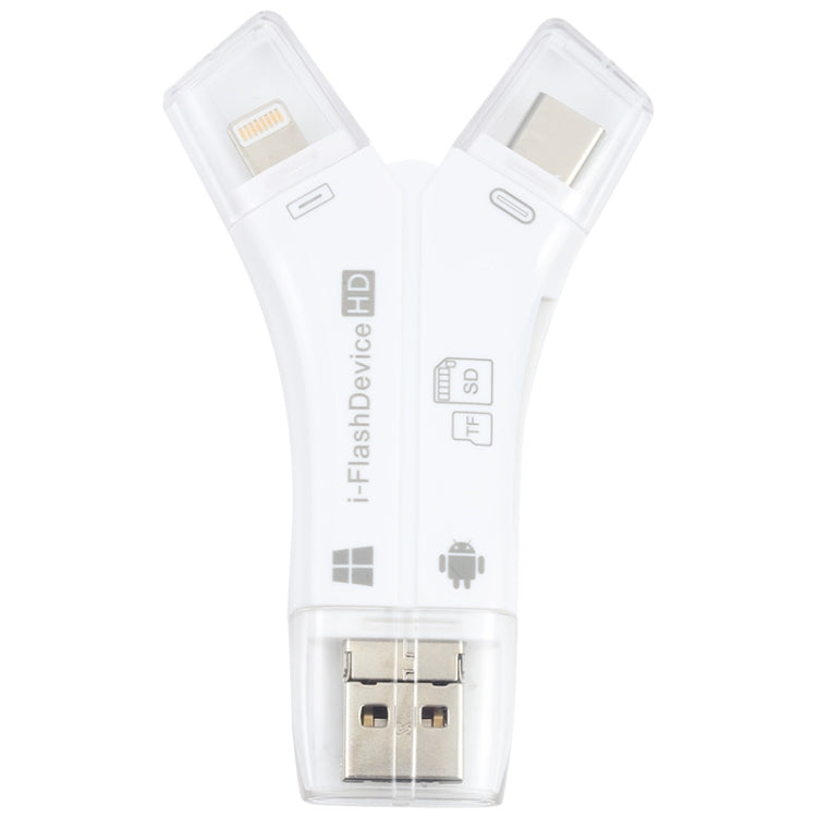 NK-908 4 in 1 i-Flash Y-shaped TF Card / SD Card Reader For 8 Pin + USB-C / Type-C + Micro USB + USB Devices, NK-908