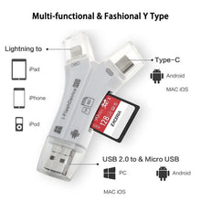 Load image into Gallery viewer, NK-908 4 in 1 i-Flash Y-shaped TF Card / SD Card Reader For 8 Pin + USB-C / Type-C + Micro USB + USB Devices, NK-908