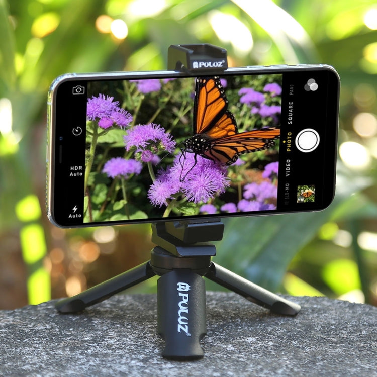 PULUZ Folding Plastic Tripod + Horizontal / Vertical Shooting Metal Clamp with Cold Shoe for iPhone, Galaxy, Huawei, Xiaomi, Sony, HTC, Google and other Smartphones
