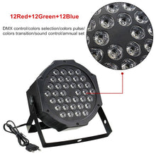 Load image into Gallery viewer, 36W 36 LEDs DMX512 RGB LED PAR Light with Remote Control, Strobe + Sound Control + Self-propelled, AC 100-240V, RGB with Remote Control