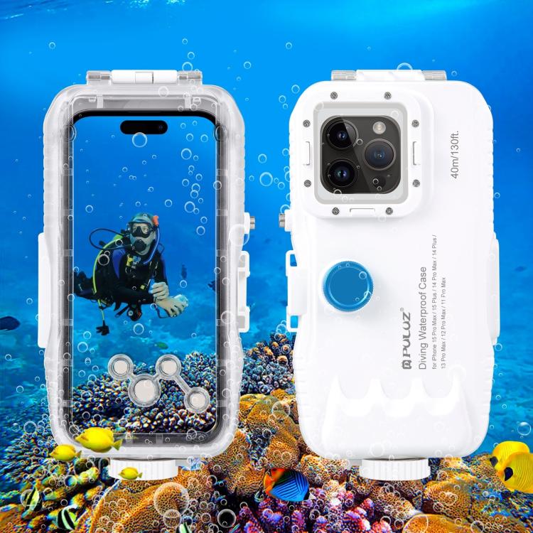 PULUZ 40m/130ft Waterproof Diving Case for 15 Pro Max / 15 Plus / iPhone 14 Plus / 14 Pro Max / 13 Pro Max / 12 Pro Max / 11 Pro Max, with One-way Valve Photo Video Taking Underwater Housing Cover