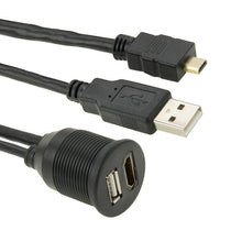 Load image into Gallery viewer, USB 2.0 &amp; Micro HDMI (Type-D) Male to USB 2.0 &amp; HDMI (Type-A) Female Adapter Cable with Car Flush Mount, Length: 2m, USB 2.0 &amp; Micro HDMI Male to USB 2.0 &amp; HDMI Female