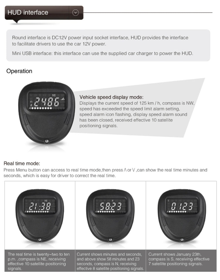 A1 2.0 inch Car GPS HUD Head Up Display Vehicle-mounted Security System, Support Speed & Real Time & Altitude & Over Speed Alarm & Compass & MPH & Auto Sleeping & KM & Satellite Signal, A1