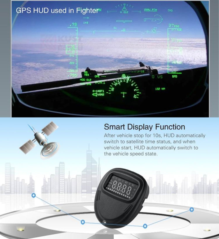 A1 2.0 inch Car GPS HUD Head Up Display Vehicle-mounted Security System, Support Speed & Real Time & Altitude & Over Speed Alarm & Compass & MPH & Auto Sleeping & KM & Satellite Signal, A1