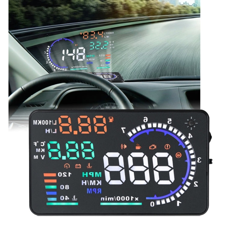A8 5.5 inch Car OBDII HUD Warning System Vehicle-mounted Head Up Display Projector with LED, Support Fuel Consumption & Over Speed Alarm & Water Temperature & Fault Diagnosis, A8