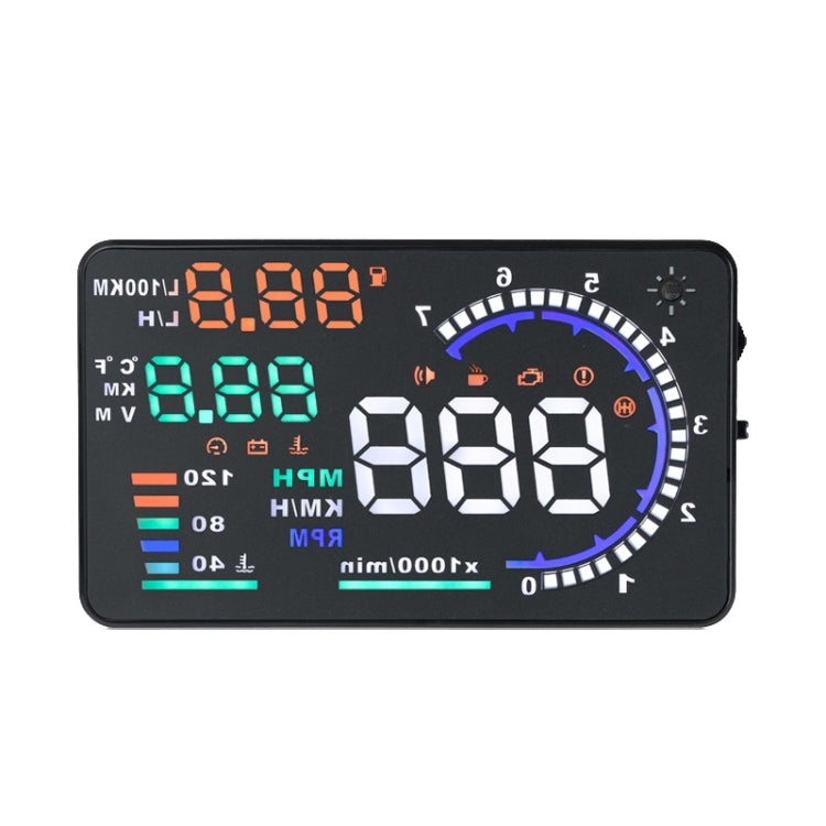 A8 5.5 inch Car OBDII HUD Warning System Vehicle-mounted Head Up Display Projector with LED, Support Fuel Consumption & Over Speed Alarm & Water Temperature & Fault Diagnosis, A8