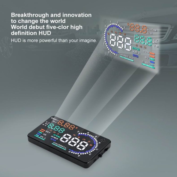 A8 5.5 inch Car OBDII HUD Warning System Vehicle-mounted Head Up Display Projector with LED, Support Fuel Consumption & Over Speed Alarm & Water Temperature & Fault Diagnosis, A8