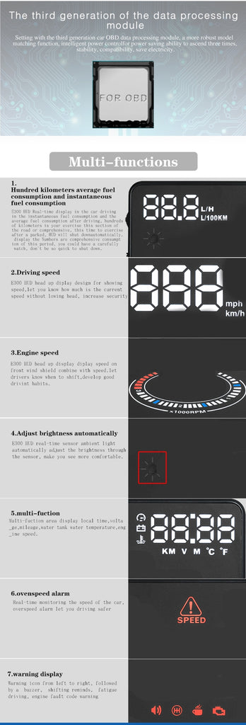 E300 5.5 inch Car OBDII / EUOBD HUD Vehicle-mounted Head Up Display Security System, Support Speed & Fuel Consumption, Overspeed Alarm,  Fuel Consumption, Water Temperature, etc., E300