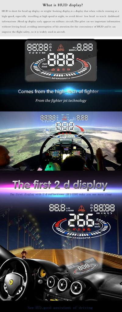E300 5.5 inch Car OBDII / EUOBD HUD Vehicle-mounted Head Up Display Security System, Support Speed & Fuel Consumption, Overspeed Alarm,  Fuel Consumption, Water Temperature, etc., E300