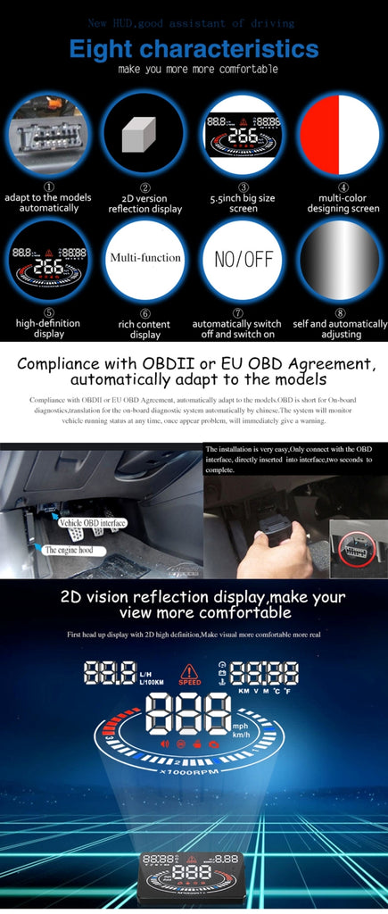 E300 5.5 inch Car OBDII / EUOBD HUD Vehicle-mounted Head Up Display Security System, Support Speed & Fuel Consumption, Overspeed Alarm,  Fuel Consumption, Water Temperature, etc., E300
