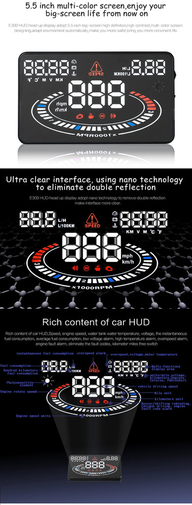 E300 5.5 inch Car OBDII / EUOBD HUD Vehicle-mounted Head Up Display Security System, Support Speed & Fuel Consumption, Overspeed Alarm,  Fuel Consumption, Water Temperature, etc., E300