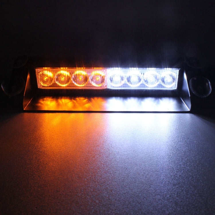8W 800LM 8-LED 3-Modes Adjustable Angle Car Strobe Flash Dash Emergency Light Warning Lamp with Suckers, DC 12V, White + Yellow