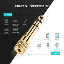 Load image into Gallery viewer, Gold Plated 6.35mm Male to 3.5mm Stereo Jack Adaptor Socket Adapter, 6.35 Male to 3.5mm Female