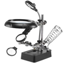 Load image into Gallery viewer, 5 LED Auxiliary Clip Magnifier AC/DC Interchangeable with Soldering Stand &amp; Two Magnifier, EU Plug, 2.5X, EU Plug