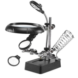 5 LED Auxiliary Clip Magnifier AC/DC Interchangeable with Soldering Stand & Two Magnifier, EU Plug, 2.5X, EU Plug