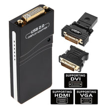 Load image into Gallery viewer, USB 2.0 to VGA, DVI, HDMI Adapter, Resolution: 1280*1024, Resolution: 1280*1024, Resolution: 1920*1080, Resolution: 2048*1152