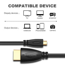 Load image into Gallery viewer, 1.8m Gold Plated 3D 1080P Micro HDMI Male to HDMI Male cable for Mobile Phone, Cameras, GoPro, Gold Plated Micro HDMI, Length: 1.8m