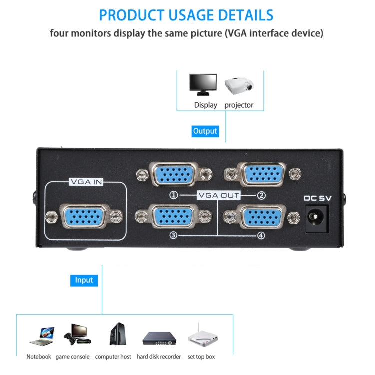 Mini 4 Ports VGA Splitter, 4 Ports