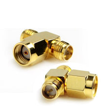 Load image into Gallery viewer, RP-SMA Male to 2 RP-SMA Female Adapter (T Type), Gold Plated, RP-SMA Male to 2 RP-SMA Female