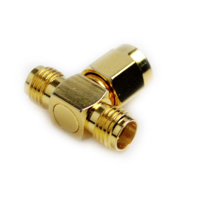RP-SMA Male to 2 RP-SMA Female Adapter (T Type), Gold Plated, RP-SMA Male to 2 RP-SMA Female